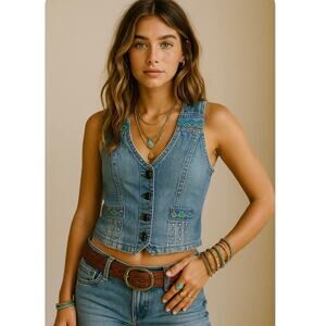 Vintage Blue Denim Vest with Colorful Embroidery